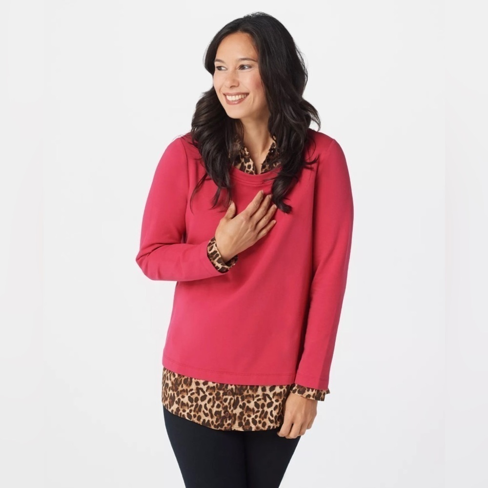 Isaac Mizrahi Live! French Terry & Woven Leopard Layered Top